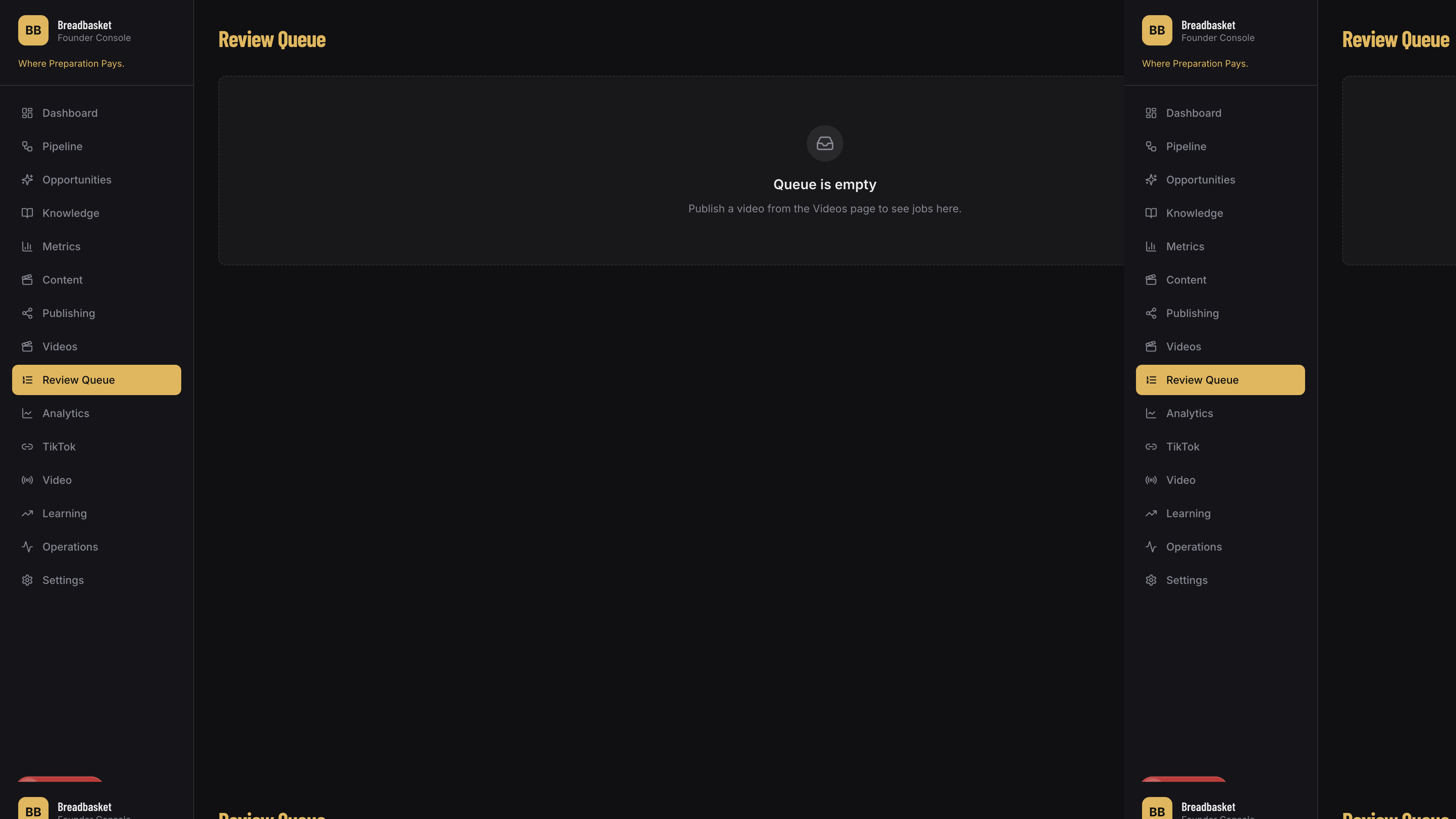 Publishing queue with video preview and approve/reject controls